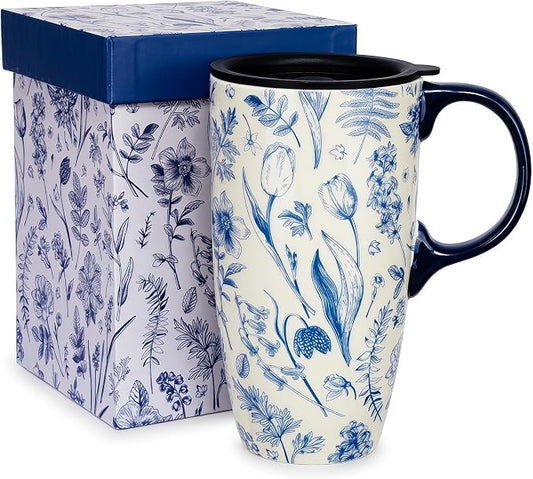 Topadorn 17oz Ceramic Travel Mug with Lid, Toile de Jouy | Floral Coffee Mug with Handle, Blue White Botanical Latte Cup, Microwave & Dishwasher Safe by Topadorn