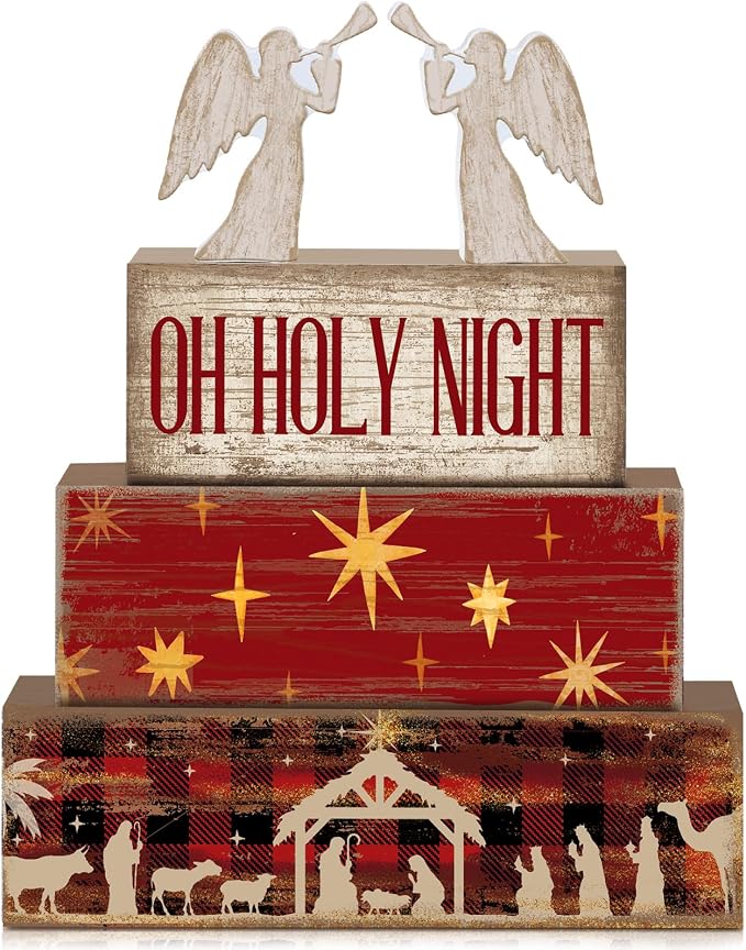 Moucuny 4 Pcs Wooden Christmas Nativity Tiered Tray Decor Rustic Wood Angel Block Sign Gift Kitchen Centerpiece Nativity Scene Table Decor (Jesus) by Moucuny