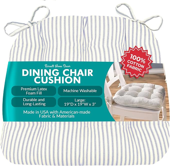 Barnett Home Decor Ticking Stripe Berlin Blue Dining Chair Pad with Ties - 19 x 19 Size Large Chair Cushion - Latex Foam Fill - 100% Cotton, Made in USA (Light Blue) by BarnettHomeDecor
