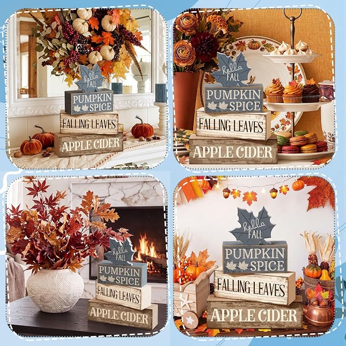 Moucuny 4 Pcs Fall Table Decoration Rustic Blue Maple Leaf Stacked Wooden Block Decor Thanksgiving Tiered Tray Decor Blue and White Maple Leaf Block Sign Gift Fall Centerpiece for Harvest Home Kitchen - Image 6