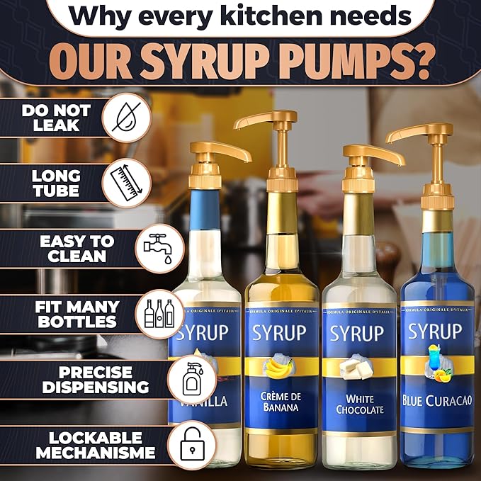 Gold Syrup Pump Dispenser - 4Pcs Skinny Pumps for 750ml / 25.4oz Bottles - Coffee Bar Bottle Accessory for Flavored Drinks