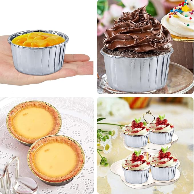 50 Pack Foil Cupcake Liners with Dome Lids,LNYZQUS 5oz Large Cupcake Cups,Disposable Muffin Tins Ramekins Pans Baking Cups Wrappers Holders-Silver - Image 6