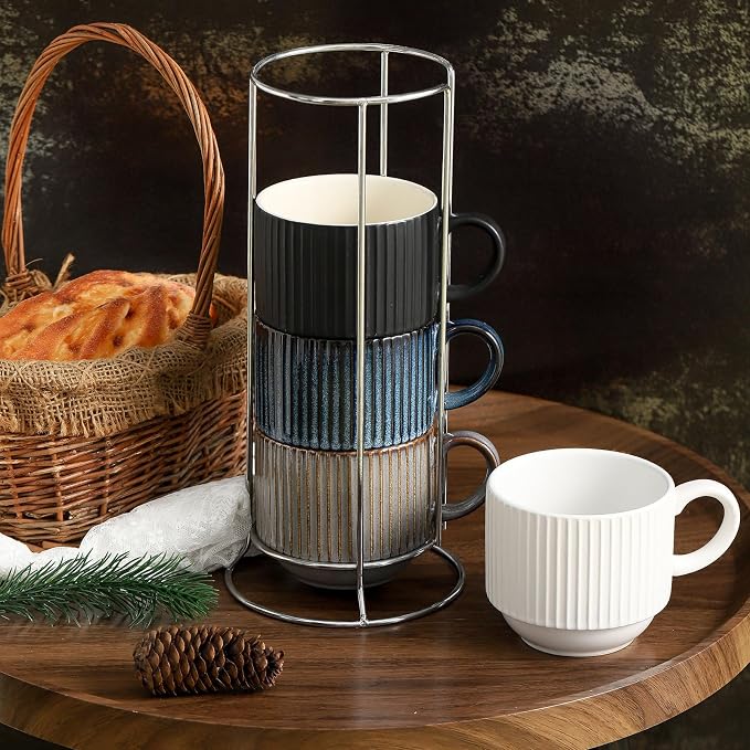 Ceramic Coffee Mugs with Stand,15 Ounce Stackable Coffee Cups Set of 4 for Latte,Cappuccino,Mocha,Cocoa,Ribbed Vintage Coffee Cups for Men Women,Dishwasher & Microwave Safe,Striped Multicolor - Image 7