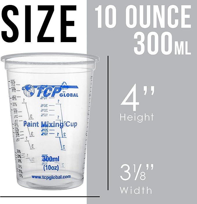 TCP Global 10 oz. (300ml) Graduated Plastic Mixing Cups - Box of 100 with 50 Mixing Sticks - Disposable Plastic Measuring Cups for Liquids, Paints, Resin, Epoxy, Art, Kitchen - Ratios 2-1, 3-1, 4-1 ML