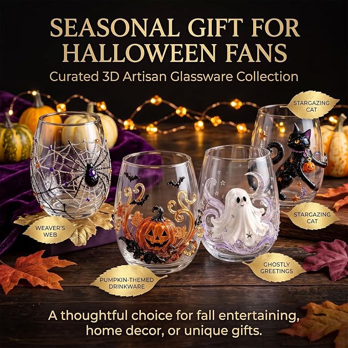 Halloween Artisan Glassware Collection,Handmade Stemless Wine Glass,Gothic Style Artistic Glass Wine Goblet Home Decor Piece Featuring Spooky Pumpkin Design Halloween Party Home Decor Gift，A - Image 4