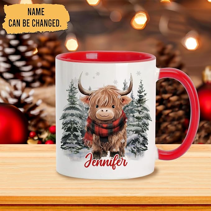 Hyturtle Personalized Winter Highland Cow Coffee Mug for Christmas Birthday | Highland Cow Lovers Gift Ideas for Women Men - 11oz Two Tone Color Red/White Ceramic Tea Mug Cup, Comfort grip handle - Image 2