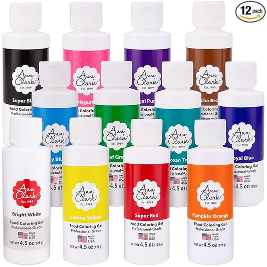 Ann Clark Professional Grade Food Coloring Gel Large 4.5 oz Bottles 12 Color Set Made in USA