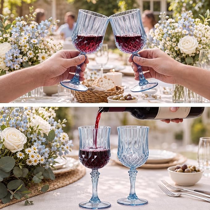 Sliner 96 Pcs 7oz Plastic Vintage Wine Glasses Drinking Goblets Unbreakable Crystal Water Glassware Reusable Diamond Champagne Flutes Cups for Wedding Banquet Birthday Party Supplies (Light Blue) - Image 5