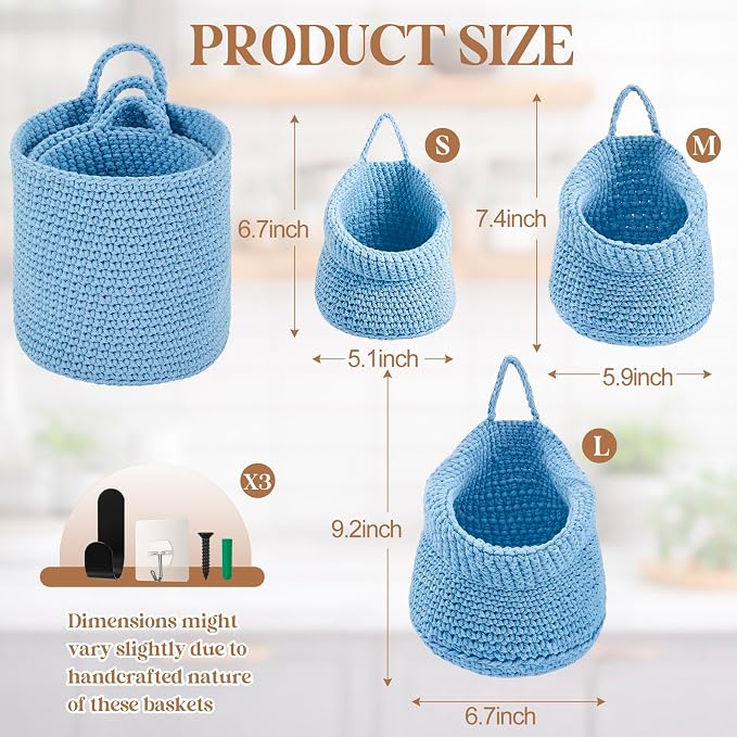 Honeydak Boho Decor Hanging Wall Baskets for Kitchen 3 Pack Teardrop Baskets with Hooks Storage Fruit Onion Vegetable Potato for Home(Light Blue,Barrel,Cotton Rope) - Image 2