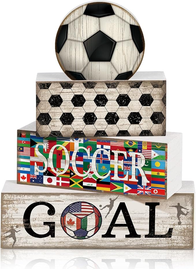 Moucuny 4 Pcs Soccer Table Decor Wooden Sport Tiered Tray Decor National Flags Table Centerpiece Decorative Classic Soccer Block Signs Gift Farmhouse Sports Decoration for Home Kitchen Shelf by Moucuny