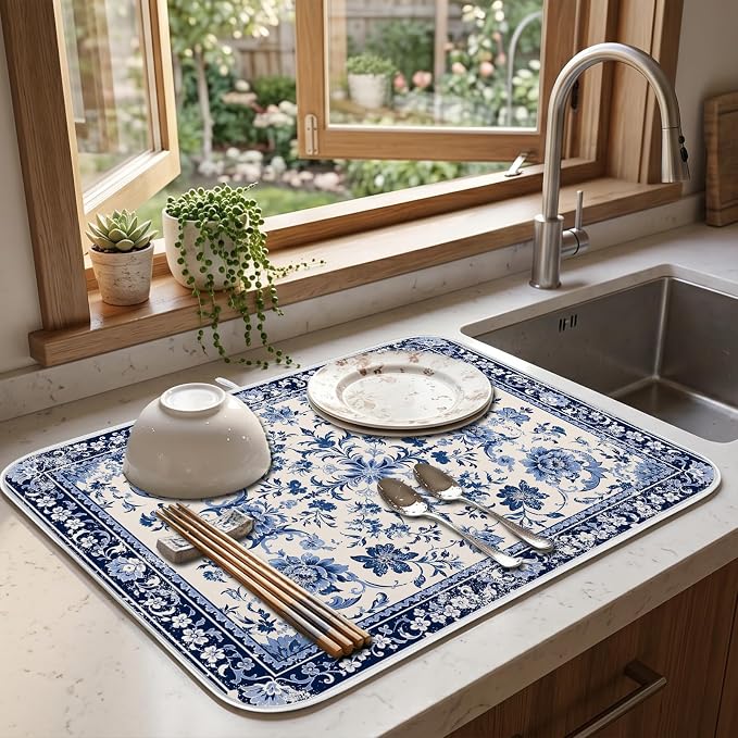 Chinoiserie Dish Drying Mat for Kitchen Coffee Bar 18x24 in Home Decor | Chinese Aesthetic Non Slip Absorbent Kitchen Dishes Drainer Mat, with Anti-slip Rubber Backing & Hanging Loop, for Sink - Image 5
