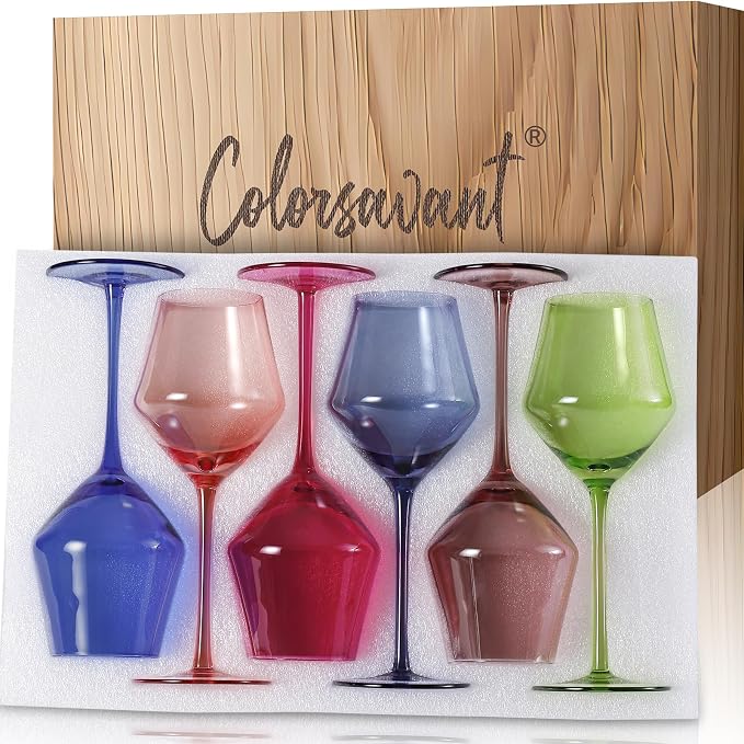 Colored Wine Glasses Set 6 – 16oz Hand-Blown Stemmed Colorful Wine Glass, Muted Color Golbet Set,Unique Wine Gifts for Women, Birthday,Housewarming by Colorsavant