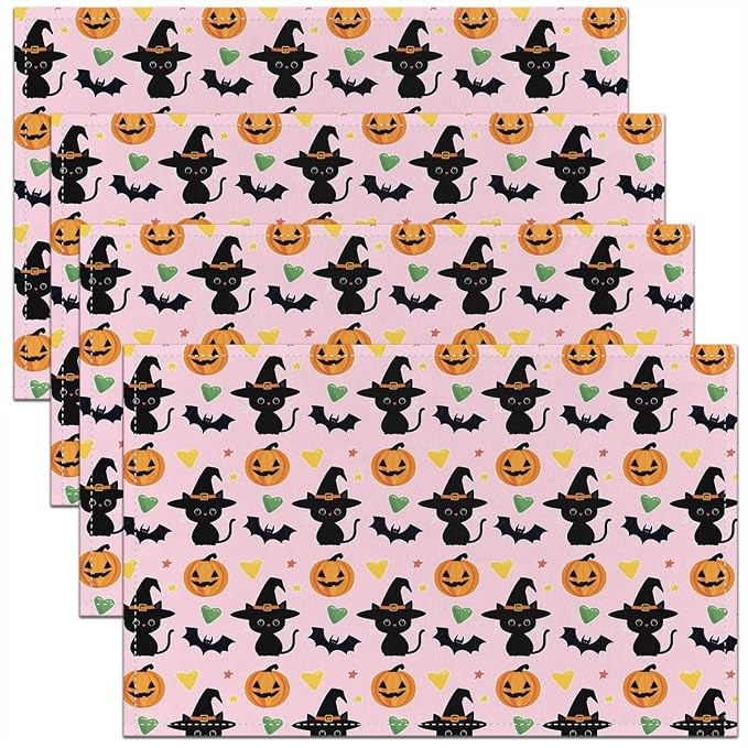 Feelyou Happy Halloween Placemats Set of 4 Cute Ghost Cat Table Mats Pink Orange Green Place Mat for Kitchen Dining Table Party Decor Indoor Outdoor 18"x12" Non-Slip Easy to Clean Pumpkin Lantern Bats by Feelyou