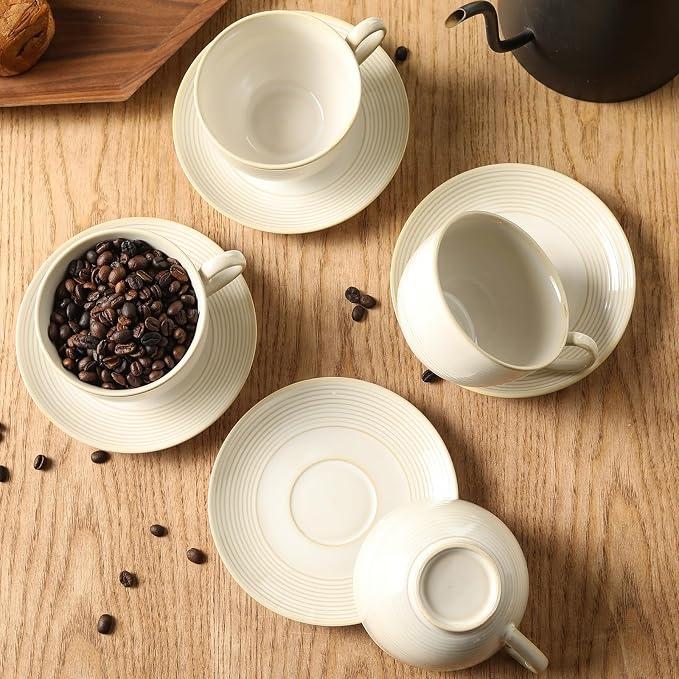 12Oz Coffee Cups with Saucers, Ceramic Espresso Cup Set of 4, Cappuccino Cups Set, Tea Mugs and Saucer, Microwave Dishwasher Safe Drinkware for Home, Cafe, Housewarming Gifts - Image 4