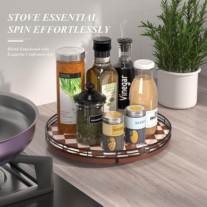 AMH 12-Inch Brown Checkerboard Lazy Susan with Black Metal Rail | Smooth rotating oak tray with walnut finish for dining tables, kitchen counters, pantries and cabinet storage. - Image 2