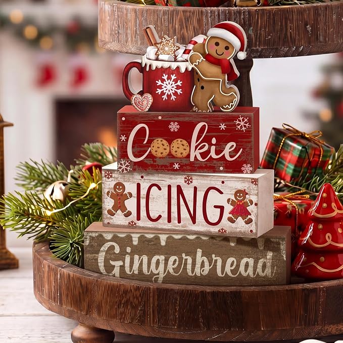 Moucuny 4 Pcs Christmas Table Decor Wooden Gingerbread Cocoa Decoration Christmas Centerpiece Winter Tiered Tray Decor Gingerbread Man Cocoa Block Signs Gift Farmhouse Xmas Decoration for Home Kitchen - Image 5