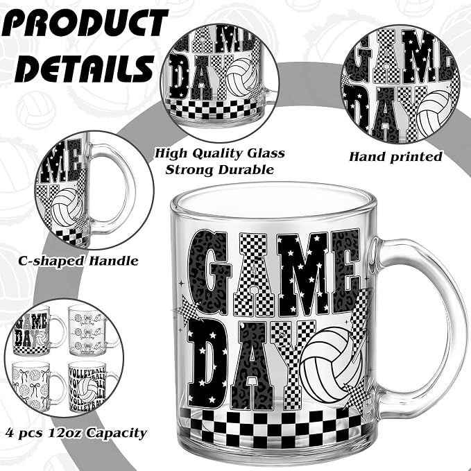 Tioncy 4 Pcs Bow Volleyball Coffee Mugs 12 oz Cute Bowknot Glass Cups with Handle Volleyball Coffee Cup Gifts Birthday Ideas for Coworker Fun Black White Drinking Home Parties - Image 2