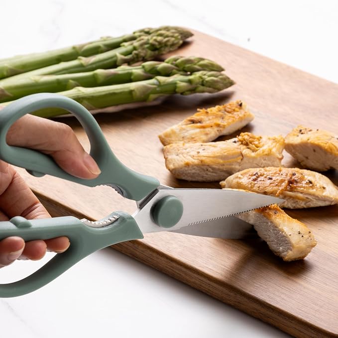 Rae Dunn Kitchen Scissors- Stainless Steel Kitchen Shears, Cooking Scissors for Cutting Meat, Chicken, Herbs and Produce with Blade Cover and Soft Grip Handles (Sage) - Image 4