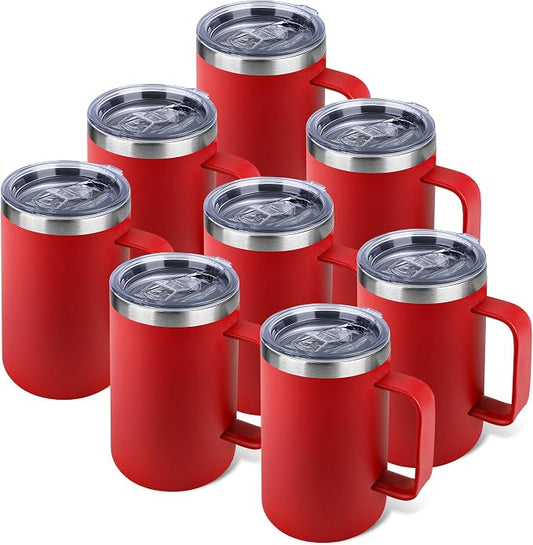 22oz Insulated Coffee Mug with Handle & Leak-Proof Lid - Double Wall Stainless Steel Travel Tumbler Bulk for Commute/Office/Home, Red, 8 Pack by Unknown