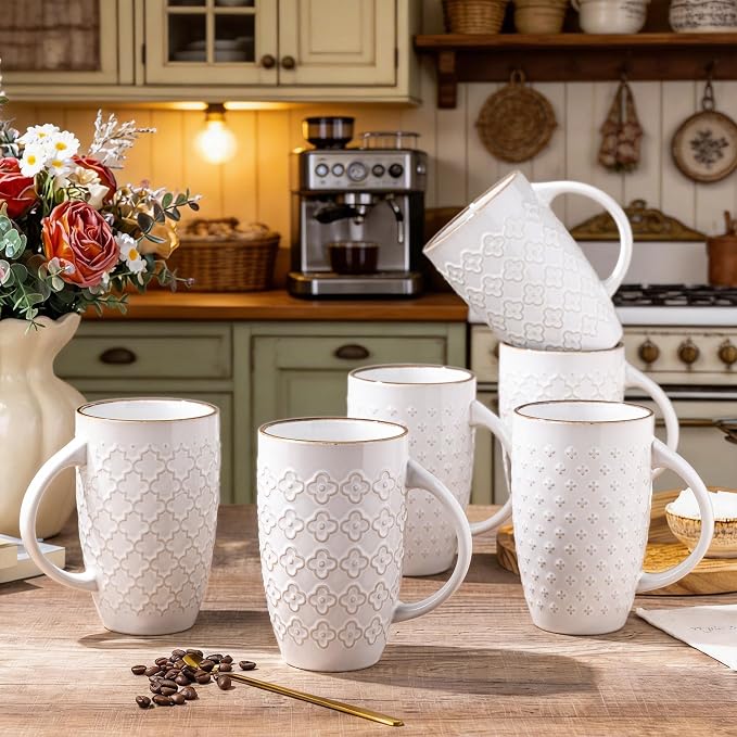 AmorArc Large Coffee Mugs Set of 6, 20oz Tall Coffee Mugs Set | with Texture Patterns for Cappuccino, Latte,Hot Cocoa, Dishwasher & Microwave Safe-Off White by AmorArc