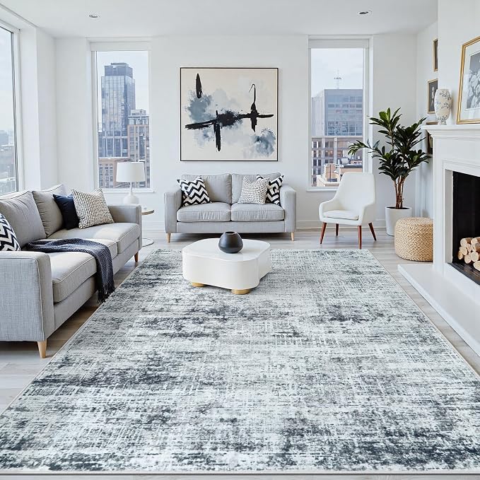 6x9 Washable Area Rug for Living Room Bedroom: Non-Slip Modern Black Grey | Machine Washable TPR Backing, Stain-Resistant Low Pile, Pet & Kid Friendly, Abstract Decor for Dining Room, Dorm, Home Office by Oriannal