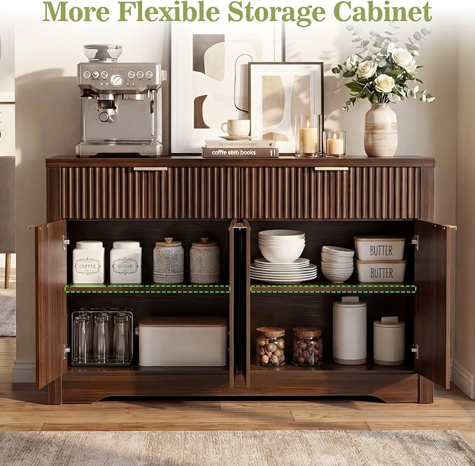 Cyclysio 55" Fluted Buffet Cabinet with Storage, Modern Sideboard Credenza with Adjustable Shelves & Drawers, Coffee Bar Table for Dining Room, Entryway, Kitchen, Black Walnut - Image 7