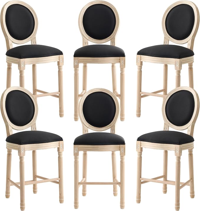 French Country Barstool, Linen Farmhouse Counter Height Chair | Set of 6, with Cushion Round Back and Solid Wood Legs, Oval Chairs for Restaurant, Bar, Kitchen, Café, Black by RCDDFurniture