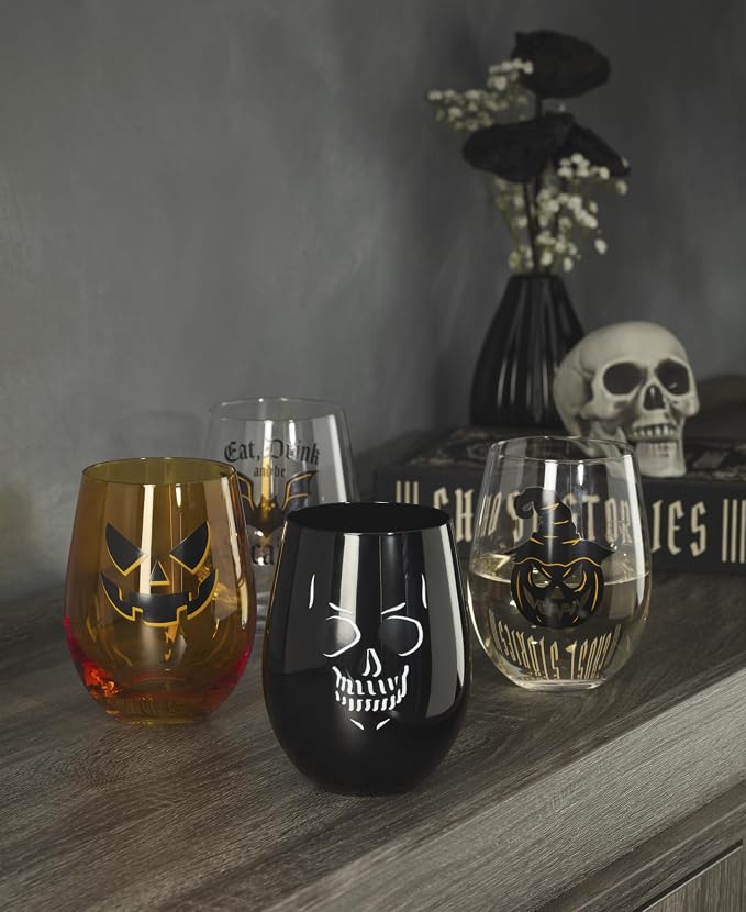 Oneida Vintro Halloween Stemless Wine Glasses, Set of 4 | dishwasher safe | skeleton and bat designs | halloween party glassware | 5 inch, 18oz, halloween kitchen decor - Image 4