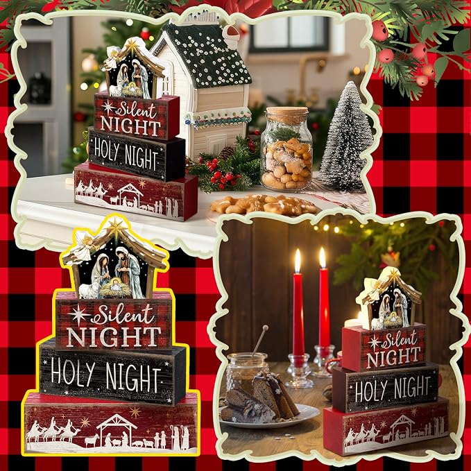 Moucuny 4 Pcs Christmas Table Decor Wooden Christian Religious Decoration Nativity Scene Centerpiece Holy Night Tiered Tray Decor Red and Black Buffalo Plaid Block Signs Xmas Decoration for Kitchen - Image 7