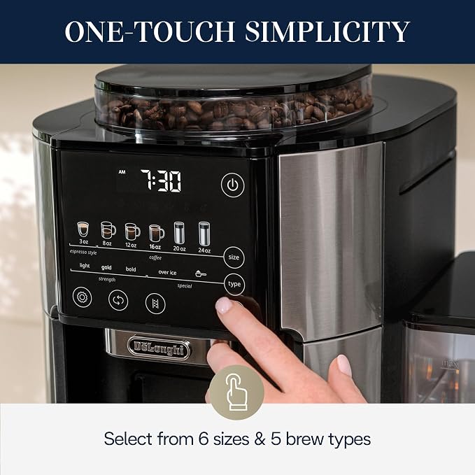 De'Longhi TrueBrew Drip Coffee Maker, Grinder, 8 to 24 oz, Built-In Grinder | #1 Worldwide Espresso Machine Maker, Built-in Grinder, 5 Brew Styles, 6 Brew Sizes, One-Touch Simplicity - Image 2