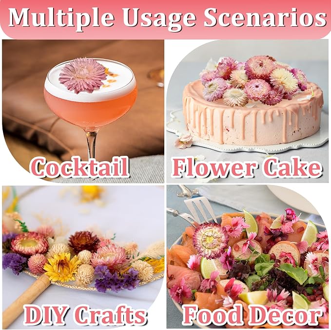 90+ Food Grade Pink Flowers for Cake and Cocktails Decorating – Culinary-Grade Dried Pink & White Strawflowers for Garnish, Baking, and Drink Toppers - Image 3