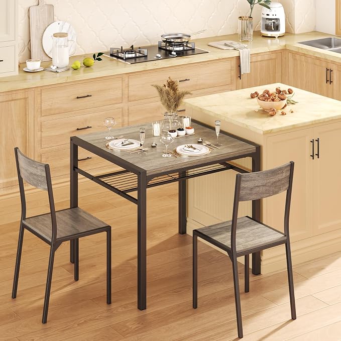 Gizoon 3-Piece Dining Table Set for 2, Small Kitchen Table & Chairs Grey | Compact grey 2-person dining set perfect for apartments. Features under-table storage rack and 2 chairs that tuck away. - Image 2