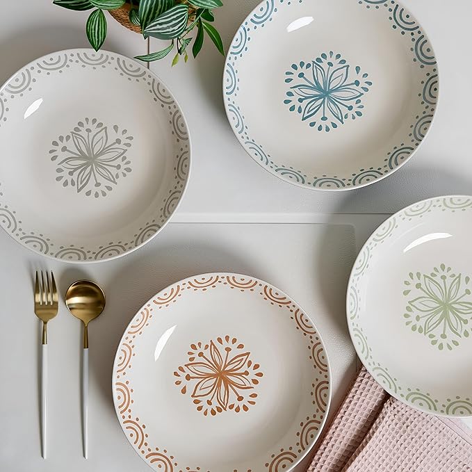 Sango 4-Piece Speckled Stoneware Pasta Bowl Set- Wide Shallow Dinner Bowls with Hand-Painted Rustic Design, Farmhouse Glossy Large Ceramic Bowls for Pasta, Salad & Everyday Meal, Siterra Glazed Garden - Image 3