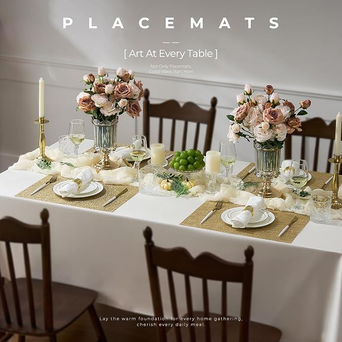 Leetaltree Gold Placemats Set of 24 - Heat Resistant Non-Slip Place mats for Dining Table, Washable Durable PVC Vinyl Woven Table Mats(Luxury Gold, 24) - Image 2