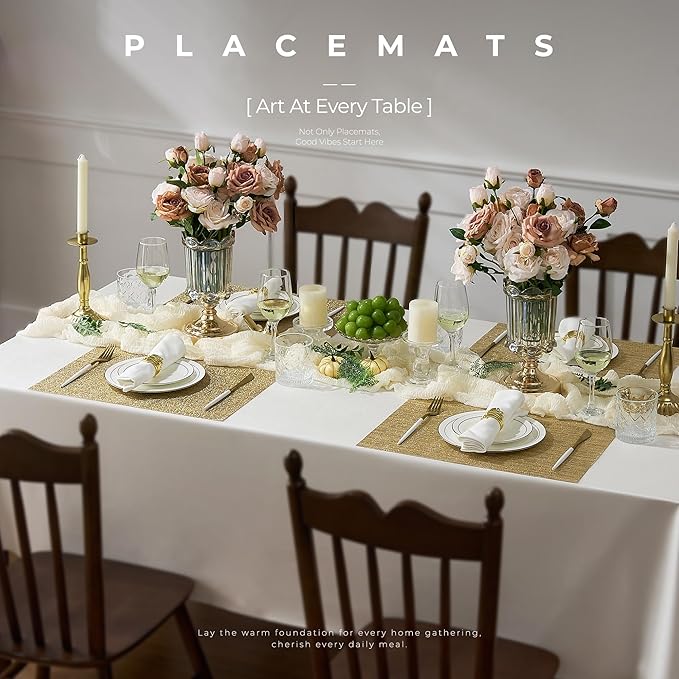 Leetaltree Gold Placemats Set of 6 - Heat Resistant Non-Slip Place mats for Dining Table, Washable Durable PVC Vinyl Woven Table Mats(Luxury Gold, 6) - Image 2