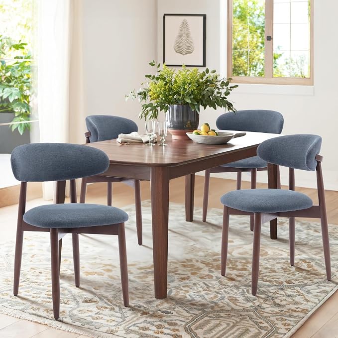 COLAMY Wooden Dining Chairs Set of 4, Modern Fabric Upholstered Dining Room Chair, Farmhouse Kitchen Side Chairs with Foot Pegs, Blue by COLAMYHOME