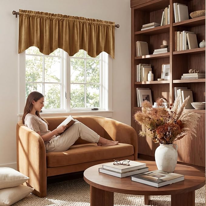 Velvet Window Valance 52x18 Inch 4-Panel Set | Soft Wavy Gold Brown Kitchen Curtains for Windows, Luxury Fabric Aesthetic Window Treatment for Bay Window, Living Room - Image 3