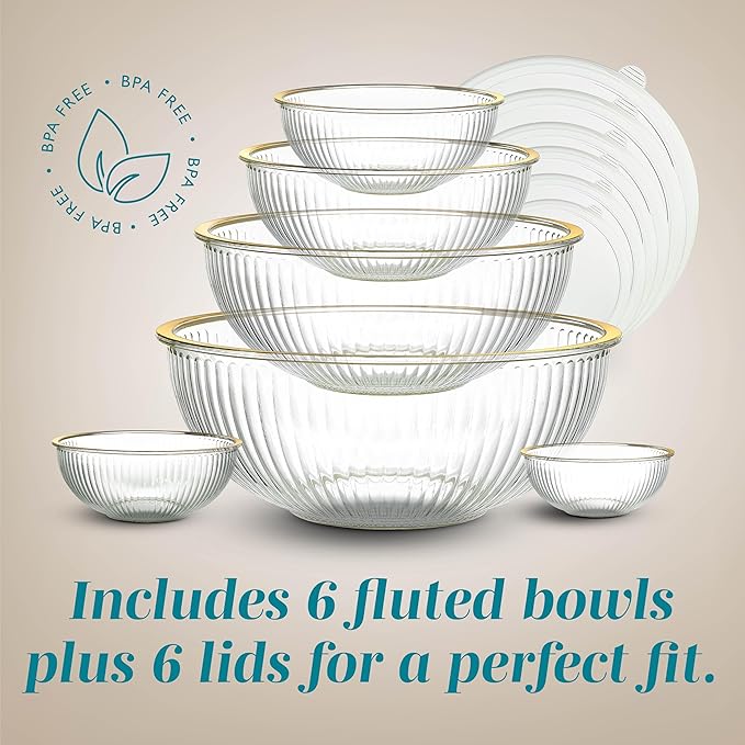COOK WITH COLOR 12 Pc Glass Mixing Bowl Set with Lids – Borosilicate Glass Nesting Bowls for Cooking, Baking and Meal Prep, Fluted with Gold Rim