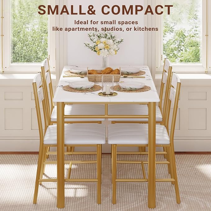 IRONCK Dining Table Set for 4, White & Gold | Wood Kitchen Table with Upholstered Chairs for Kitchen Room and Small Spaces - Image 5
