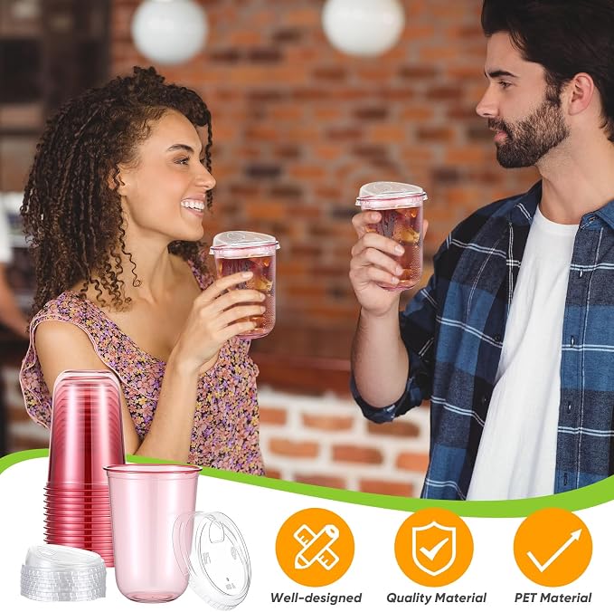 Ziliny 50 Sets Clear Plastic Coffee Cups with Sip Lids, Disposable Plastic PET Crystal Cups for Iced Coffee, Smoothie, Cold Beverage, Drink Shops and Party Catering (Pink,16 oz) - Image 6