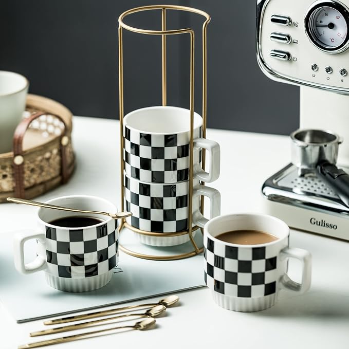Miamolo Stackable Coffee Mug Set of 4 with Rack and Spoons, Space-saving | 11 oz, Ceramic | Checkered Black and White Pattern | for Coffee Tea Cocoa Milk, Housewarming Gift | Dishwasher Microwave Safe - Image 6