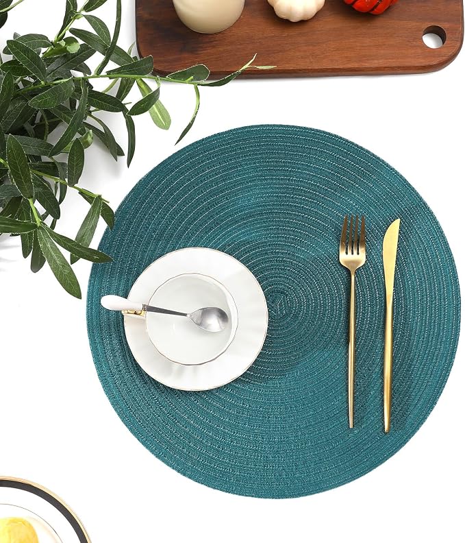 SHACOS Round Placemats Set of 4 Woven Braided Table Placemats 15 inch Circle Place Mats Washable Non Slip Table Mats for Home Wedding Party, Teal Green - Image 6