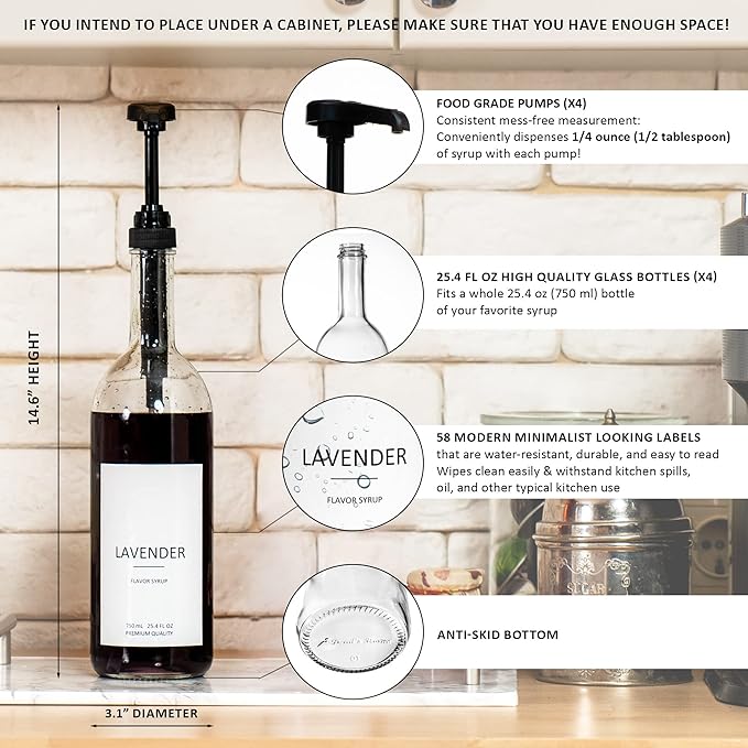 Demi's Home 25.4 oz 750 ml Glass Coffee Syrup Dispenser for Coffee Bar - 4 Pack - Comprehensive Label Set & ¼ oz Pumps Included