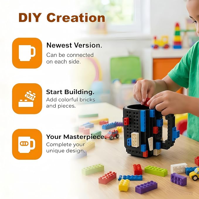 Lumsburry Build-on Brick Coffee Mug, Funny DIY Unique Novelty Drinking Cup | Building Blocks Creative Mug, for Men Women Kids Dad Mom, Present Exchange Ideas, Xmas Birthday White Elephant(Cool Black) - Image 5