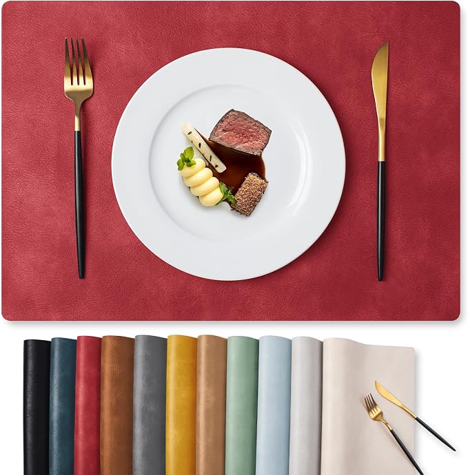 MOSAYT Vinyl Placemats Set of 4-12 X 17 Inch - Faux Leather 100% Waterproof Oil-Proof Wipeable PU Place Mats, Heat Resistant Reversible Table Mats for Kitchen, Dining, Outdoor, Red by MOSAYT
