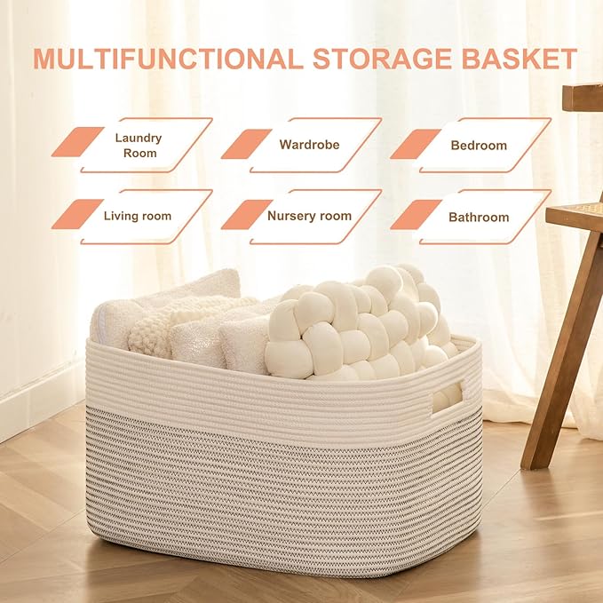 75L Large Blanket Basket, Cotton Rope Woven Storage Basket for Living Room, Toy Bin for Kids, Bedroom, Nursery, Baby Room Decorative Organizer, 22''×17''×12'', Black & White