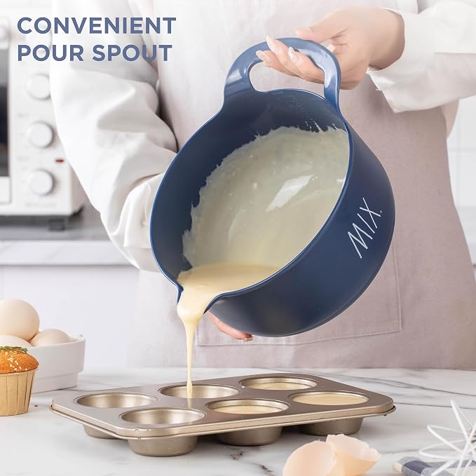 Rae Dunn Non-Slip Mixing Bowls - 4 Piece Nesting Plastic Mixing Bowl Set with Pour Spouts and Handles-Measurement Markings (Cream) - Image 2