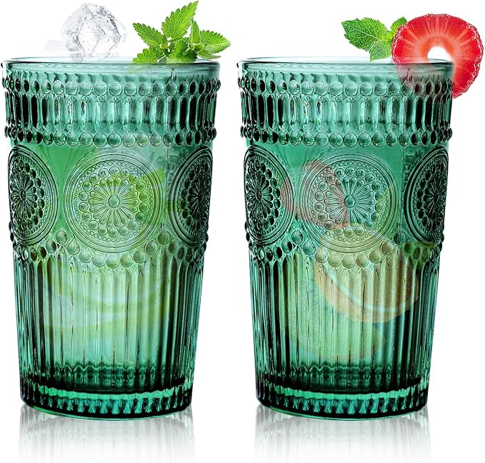Loivttvv 6pcs Vintage Drinking Glasses Set, 12 oz Dark Green Highball Glasses, Embossed Ribbed Glassware Cups for Cocktail, Water, Juice, Coffee, Whiskey - Image 9