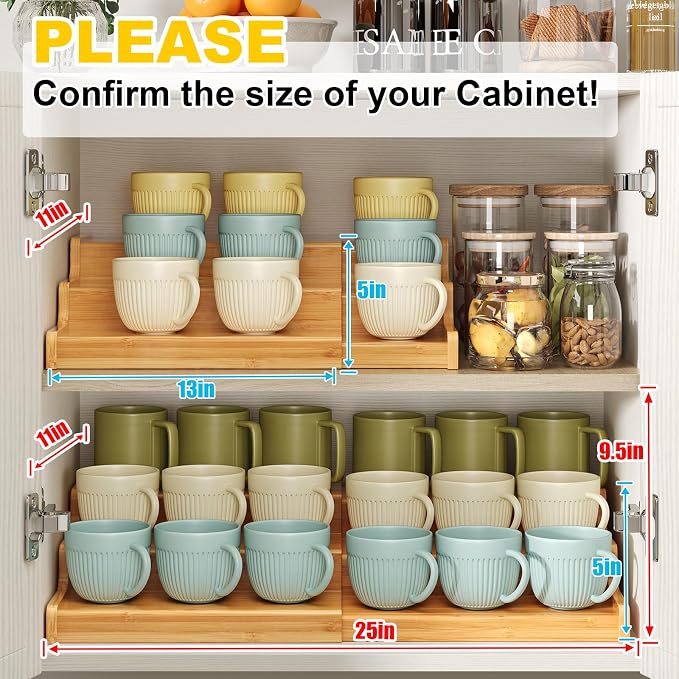Hongtamoya 3-Tier Expandable Bamboo Mug Holder For Countertop Coffee Cup Holder Display Mug Organizer Mug Rack for Coffee Bar Organizer Mug Shelf for Cabinet for Kitchen, Home - Image 2