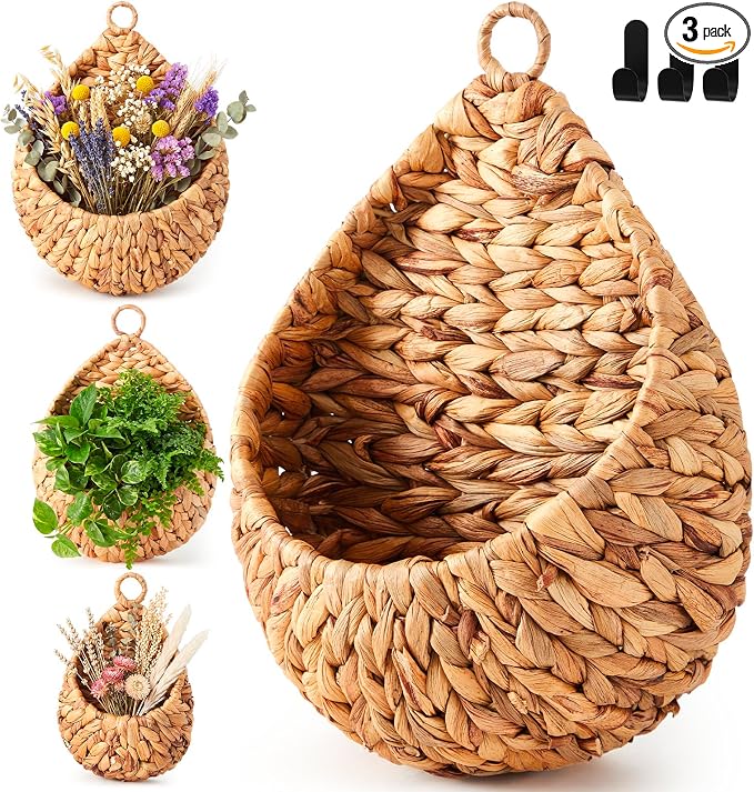 Honeydak Boho Decor Hanging Wall Baskets for Kitchen 3 Pack Teardrop Baskets with Hooks Storage Fruit Onion Vegetable Potato for Home 3 Sizes(Water Hyacinth,Teardrop,Jute) by Honeydak